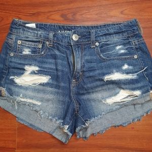American Eagle Womens Size 4 Tomgirl Shortie Shorts Distressed Blue Jean #0205